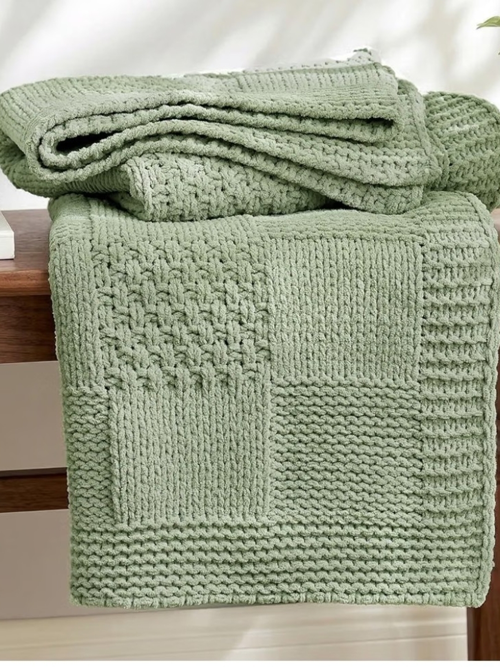 Soft  Chunky Knit Patchwork Throw Blanket - Sage Green Size 50x60